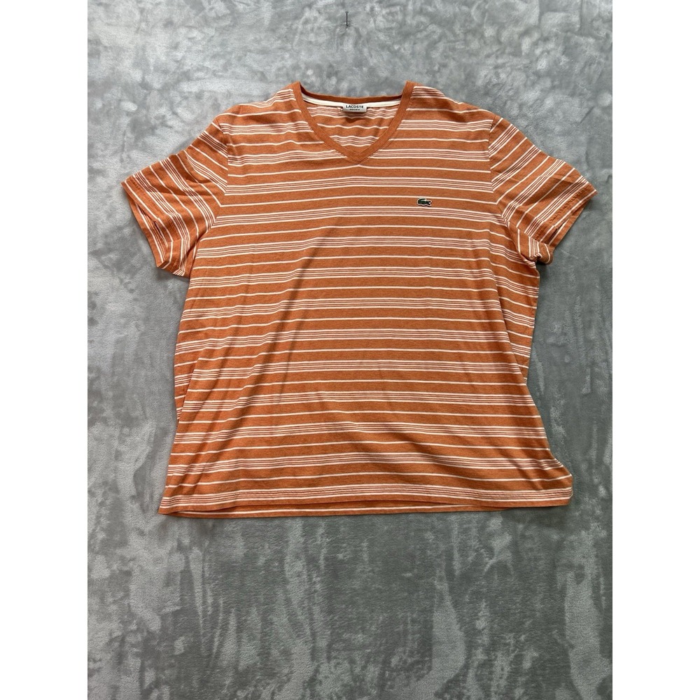 Lacoste Men Orange White Striped Cotton V-Neck T-Shirt Sz 9 Preppy Athleisure